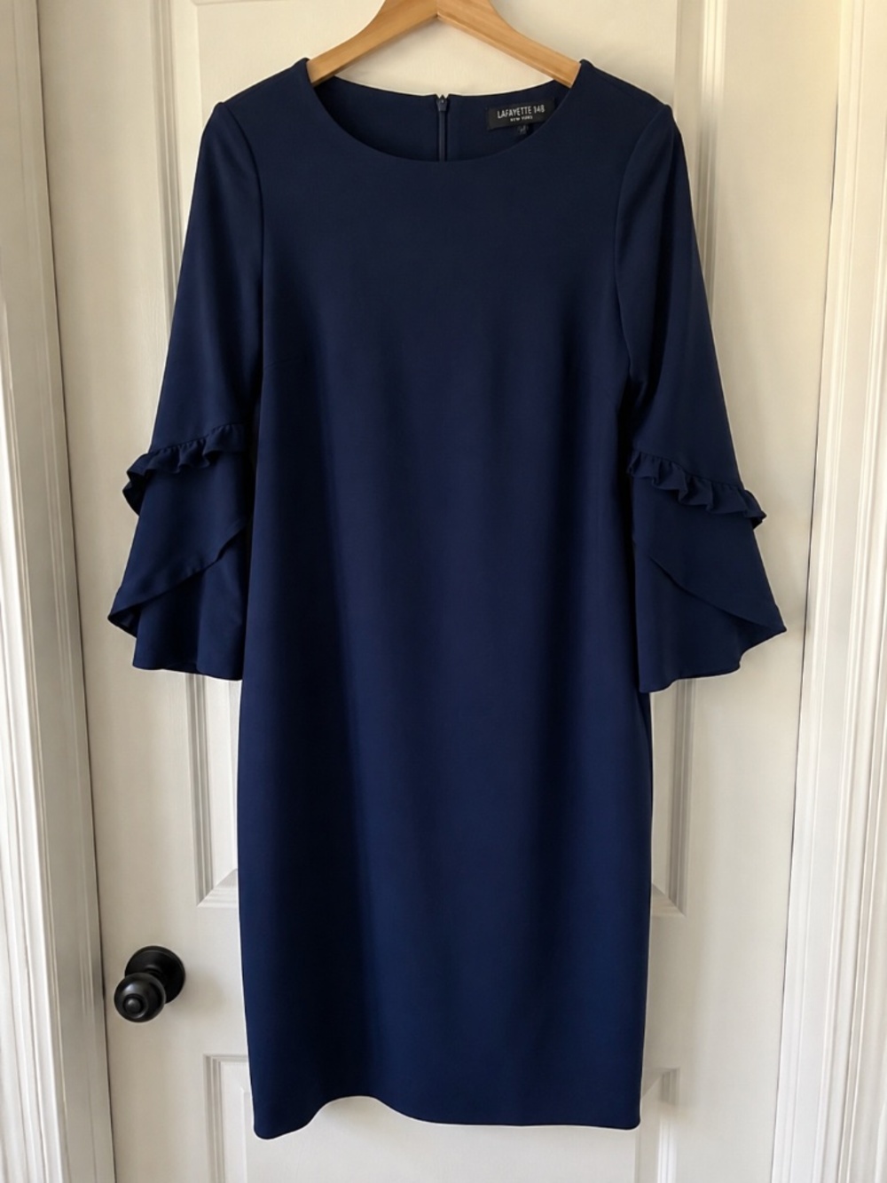 Lafayette 148 New York Navy Ruffle Sleeve Dress | Elegant Career & Cocktail Dres